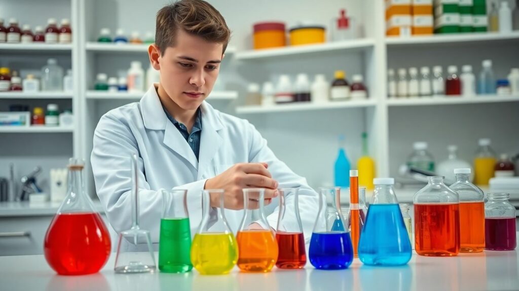 Técnico em química manuseando tubos de ensaio coloridos