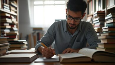 Estudante concentrado cercado por livros e anotações, focado em uma mesa de estudos iluminada