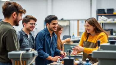 Jovens estudantes em um ambiente de curso técnico, colaborando em um projeto prático com equipamentos modernos e sorrindo.