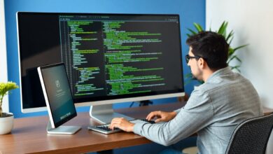 Pessoa estudando Python em um ambiente moderno, com computador e códigos na tela