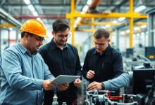 Painel de automação industrial moderno com engenheiros analisando dados e controladores lógicos programáveis