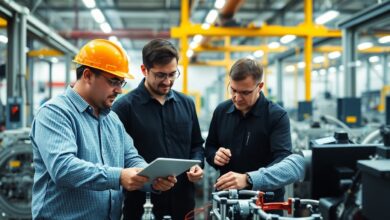 Painel de automação industrial moderno com engenheiros analisando dados e controladores lógicos programáveis