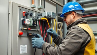 Técnico realizando manutenção em painel elétrico, usando equipamentos de proteção e ferramentas especializadas, ambiente industrial ao fundo.