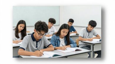 Estudantes focados em uma sala de aula moderna, revisando materiais para o vestibular