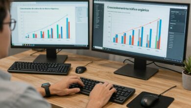 Pessoa analisando gráficos de desempenho de SEO em ambientes digitais modernos, destacando crescimento de tráfego orgânico