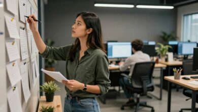 Pessoa concentrada organizando tarefas em um quadro, com ambiente de trabalho moderno, transmitindo foco e produtividade.