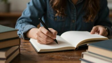 Pessoa escrevendo em caderno inspirada, rodeada de livros, caneta na mão, ambiente aconchegante, atmosfera estimulante e criativa
