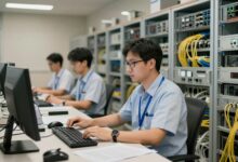 Técnico em telecomunicações trabalhando em uma central de equipamentos eletrônicos e cabos