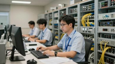 Técnico em telecomunicações trabalhando em uma central de equipamentos eletrônicos e cabos