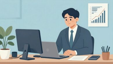 Capa ilustrativa mostrando um assistente financeiro analisando gráficos e planilhas em um escritório moderno