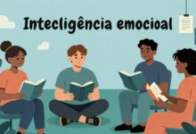 Capa ilustrativa com pessoas aprendendo sobre inteligência emocional, livros e elementos gráficos modernos