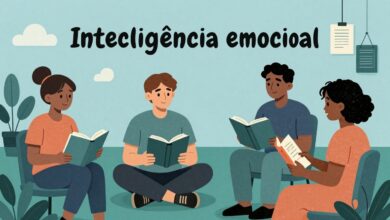 Capa ilustrativa com pessoas aprendendo sobre inteligência emocional, livros e elementos gráficos modernos
