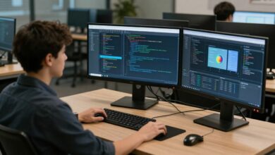 Programador back-end trabalhando em um ambiente moderno de tecnologia, com múltiplos monitores exibindo códigos e servidores conectados