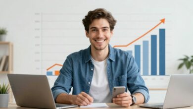 Homem sorrindo e mostrando um gráfico de crescimento de score de crédito