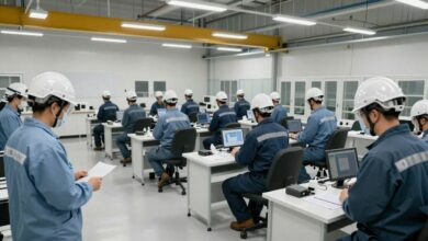Capa de um curso de segurança do trabalho, com trabalhadores usando equipamentos de proteção individual em um ambiente industrial moderno