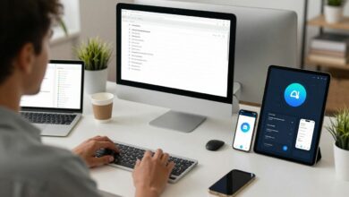 Pessoa usando diversos dispositivos digitais para organização e produtividade, com elementos visuais de listas de tarefas, cronômetros e aplicativos populares.