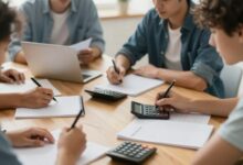 Pessoas aprendendo e discutindo economia doméstica em um ambiente acolhedor, com anotações, calculadora e planilhas