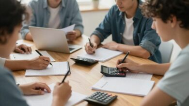 Pessoas aprendendo e discutindo economia doméstica em um ambiente acolhedor, com anotações, calculadora e planilhas