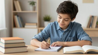 Um estudante jovem e focado, sentado em uma mesa de estudos bem organizada, com livros, um notebook e um caderno, sorrindo levemente, transmitindo uma sensação de calma e confiança ao estudar para uma prova.