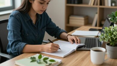 Uma pessoa sentada em uma mesa de trabalho organizada e iluminada, focada em um caderno, com uma planta e uma xícara de café ao lado, simbolizando um ambiente propício à concentração.