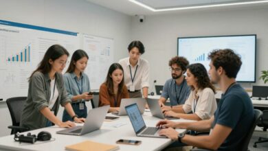 Uma equipe de marketing diversificada e moderna colaborando em um escritório iluminado, com gráficos e ideias criativas em um quadro branco.
