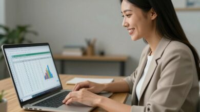 Uma pessoa sorrindo enquanto trabalha em uma planilha do Excel em um laptop, com gráficos e dados visíveis, simbolizando produtividade e sucesso profissional.