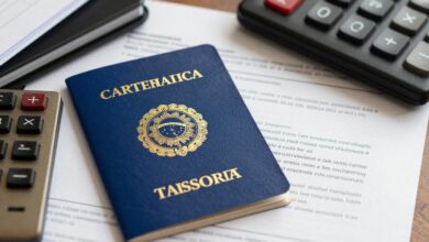 Uma imagem simbólica representando os direitos trabalhistas no Brasil, com uma carteira de trabalho, uma calculadora e a constituição sobre uma mesa de escritório.
