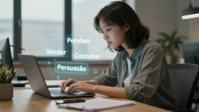 Uma pessoa concentrada escrevendo em um laptop, com sobreposições gráficas de palavras como 'Vender', 'Persuasão' e 'Conectar', em um ambiente de escritório moderno e iluminado.