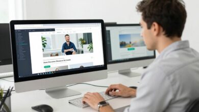 Um desenvolvedor web concentrado, trabalhando em um computador com telas exibindo códigos HTML e CSS coloridos, com um design de site moderno ao lado.