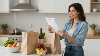 Mulher sorridente organizando lista de compras em uma cozinha moderna iluminada, rodeada de sacolas e alimentos diversos