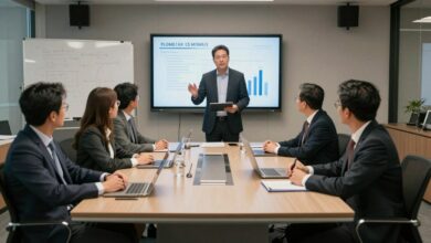 Um consultor empresarial experiente apresentando um plano estratégico para uma equipe de executivos em uma sala de reuniões moderna e iluminada.