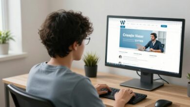 Uma pessoa concentrada em frente a um laptop, com a interface do WordPress visível na tela, simbolizando o aprendizado em um curso de criação de sites.
