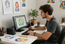 Um ilustrador freelancer trabalhando em sua mesa digitalizadora, cercado por esboços coloridos e inspiração, com uma expressão de foco e criatividade.