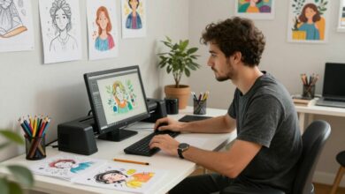Um ilustrador freelancer trabalhando em sua mesa digitalizadora, cercado por esboços coloridos e inspiração, com uma expressão de foco e criatividade.