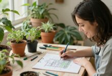 Uma paisagista sorridente desenhando um projeto de jardim em uma prancheta, com plantas e ferramentas de jardinagem ao fundo, em um ambiente iluminado e inspirador.