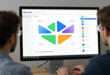 Um profissional analisando um dashboard interativo do Power BI em uma tela de computador, com gráficos e dados coloridos.
