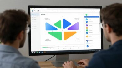 Um profissional analisando um dashboard interativo do Power BI em uma tela de computador, com gráficos e dados coloridos.
