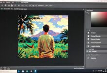 Uma composição de arte digital criativa sendo editada na tela de um computador usando o Photoshop CC, mostrando camadas e ferramentas.