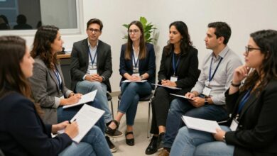 Um grupo diversificado de profissionais engajados em uma conversa vibrante e positiva em um evento de networking moderno, simbolizando conexão e oportunidade.