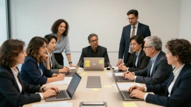 Um grupo diversificado de profissionais colaborando em uma mesa de reunião moderna e iluminada, discutindo ideias com entusiasmo e usando post-its e um laptop.