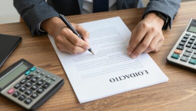Uma pessoa assinando um documento de rescisão de contrato em uma mesa de escritório, com uma caneta e uma calculadora ao lado, simbolizando o fim de um acordo.