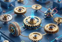 Um cérebro digital brilhante conectado a engrenagens e fluxos de dados, simbolizando a união da inteligência artificial com a automação de processos.