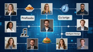 Uma colagem de ícones representando diversas profissões como música, culinária e design, interligados por equações matemáticas e gráficos flutuantes, em um fundo azul tecnológico.