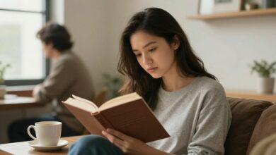 Uma pessoa sentada confortavelmente em uma poltrona ao lado de uma janela iluminada, absorta na leitura de um livro, com uma xícara de café ao lado.