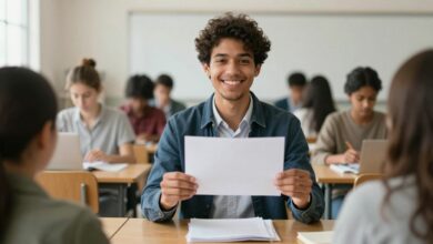Um jovem recém-formado, sorrindo com confiança, segurando um diploma enquanto olha para um horizonte urbano que simboliza o futuro profissional.