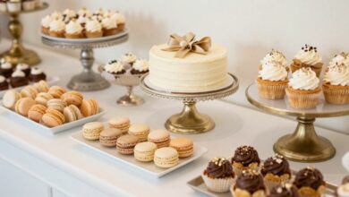 Uma bancada de confeiteiro elegante com vários doces finos, como macarons coloridos, um bolo decorado e bombons de chocolate brilhantes, com utensílios de confeitaria ao fundo.