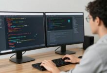 Um desenvolvedor concentrado olhando para uma tela com código PHP, com o logotipo do PHP e ícones de tecnologias web flutuando ao redor.