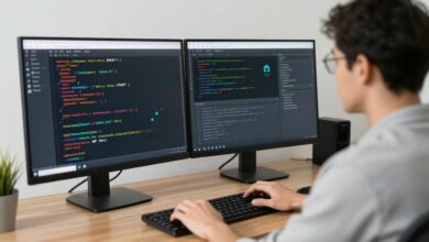 Um desenvolvedor concentrado olhando para uma tela com código PHP, com o logotipo do PHP e ícones de tecnologias web flutuando ao redor.