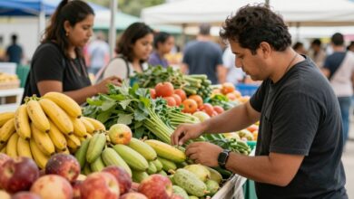 Uma pessoa escolhendo cuidadosamente frutas e vegetais frescos em uma feira de produtores locais, simbolizando o ato de compras conscientes e sustentáveis.