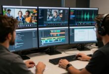 Uma pessoa editando um vídeo em um computador com múltiplos monitores em um estúdio criativo e moderno, com gráficos e timelines visíveis na tela.